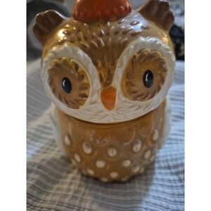 Owl Ceramic Candy Jar. Brown with orange and blue winter hat. 7x5x5